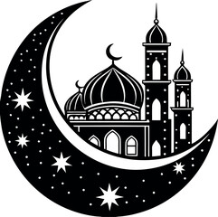 Eid Mubarak Silhouette, Crescent Moon and Lantern Vector