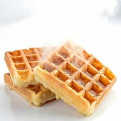 A homemade waffle is isolated on a white background, highlighting its golden-brown, crispy texture, with perfectly formed grid