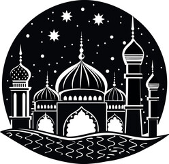 Eid Mubarak Silhouette, Crescent Moon and Lantern Vector