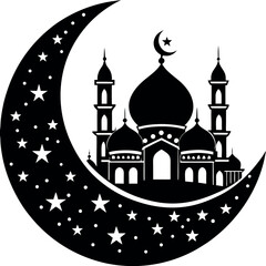 Eid Mubarak Silhouette, Crescent Moon and Lantern Vector
