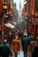 A bustling Moroccan souk, a vibrant tapestry of warm terracotta buildings, lively crowds, and the scent of exotic spices.
