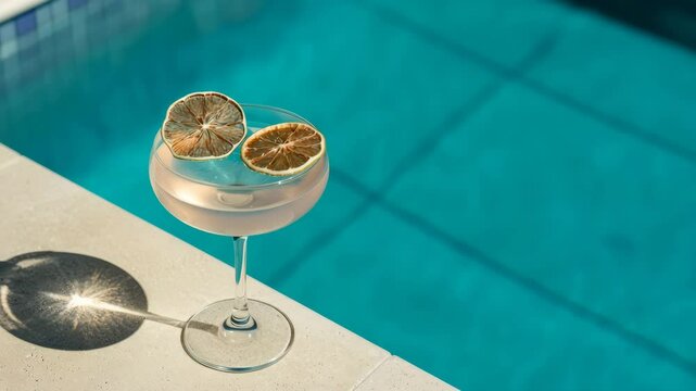 Refreshing poolside moments with a garnished cocktail in sunlight reflection