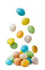 Multicolored glaze dragee falling candies close-up on a white background. Isolated