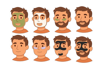 Set of male characters using different facial skincare masks