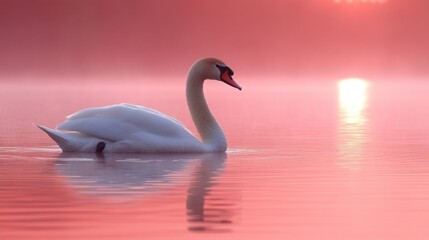 Fototapeta premium Majestic swan glides on pink sunrise lake