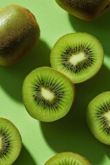 Fototapeta premium Bright green kiwis are sliced in half to showcase their vibrant flesh and tiny seeds, placed on a lively green surface. Whole kiwis are also present, adding to the fresh appeal