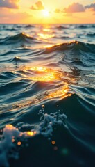 Sunlit ocean surface, small waves ripple outwards, horizon, nature
