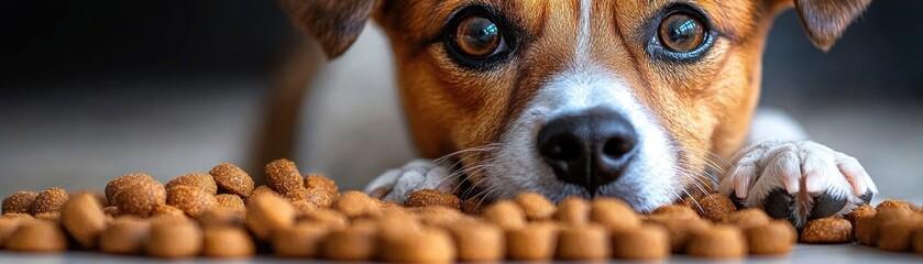 Close-up of an attentive small dog resting its head near a pile of dry dog food pellets, showing curious eyes and paws
