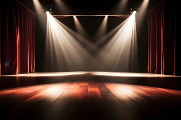 Cinematic image of a dimly lit stage, featuring spotlights illuminating the luxurious wooden floor and velvet curtains in warm tones