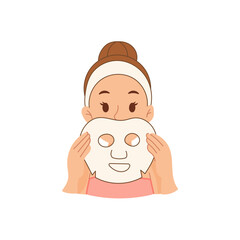 Young woman preparing to apply sheet mask on face