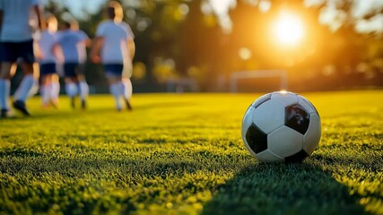 A soccer ball lies on green grass while kids in sportswear run in the blurred sunlit background - Powered by Adobe