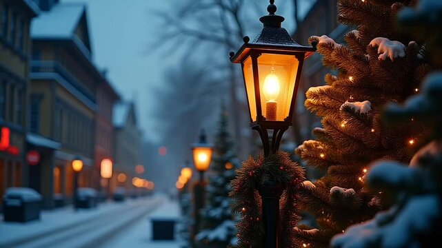 Old-fashioned lamppost wrapped in garland with pine tree for christmas concept. Suitable for marketing or business purposes