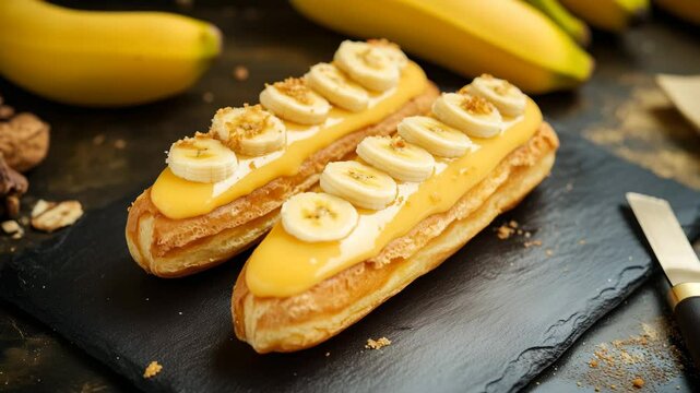 Delicious pastry preparation: fresh banana eclairs with cream and nut topping on rustic board