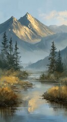 Early morning light casts a golden hue on an ancient mountain range, with a serene river reflecting the peaks and lush forests framing the landscape