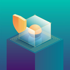 Shield and a sphere within a wireframe cube, positioned on a platform with concentric square patterns. Protection of the digital environment and secure communication. Isometric vector illustration