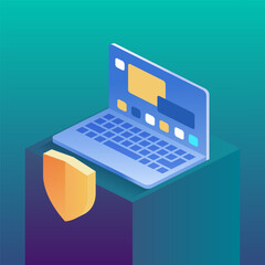Laptop with a large translucent shield, symbolizing security and protection. Ideal for tech-related themes, cybersecurity concepts or innovative digital solutions. Vector isometric illustration