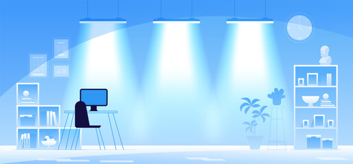 Office interior. Empty no people open space cabinet room with furniture. Office workstation furniture interior concept. Modern coworking area. Vector flat horizontal cartoon illustration