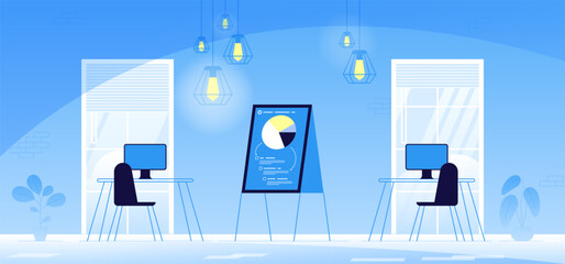 Office interior. Empty no people open space cabinet room with furniture. Office workstation furniture interior concept. Modern coworking area. Vector flat horizontal cartoon illustration