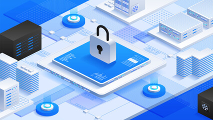 Secure your online data. Padlock and servers interconnected with data blocks, cybersecurity, privacy and safety. Ideal for digital protection, and IT infrastructure. Isometric vector illustration.