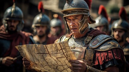 Roman general studying a map