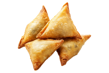 Golden brown crispy samosas isolated on white transparent background, traditional Indian snack concept with fried texture