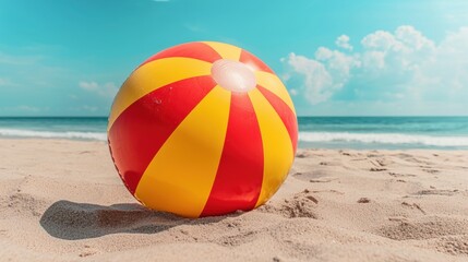 Obraz premium A beach ball with red and yellow stripes sits on a sandy beach.