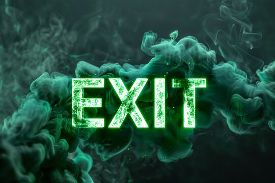 Glowing green "EXIT" text with smoky background, creating a mysterious, neon effect.