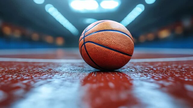 A basketball rests on a smooth court, highlighting its texture and vibrancy. The dynamic atmosphere of the indoor arena hints at the excitement of the game ahead.