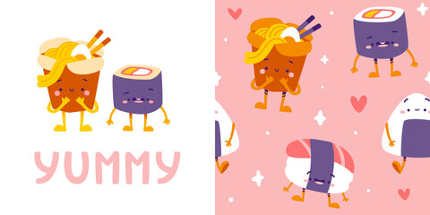 Cute asian food pattern set. Seamless vector print collection with asian food.