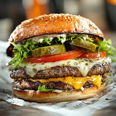 Delicious double burger overflowing with melted cheese, pickles, and fresh lettuce