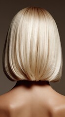 Naklejka premium A beautiful woman is highlighted from the back, revealing a stylish, sleek bob hairstyle. The smooth blonde hair glistens softly against a neutral background, enhancing the contemporary look