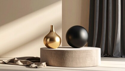 
Sculptural champagne gold vase beside matte black orb on linen-covered pedestal, diffused light from above