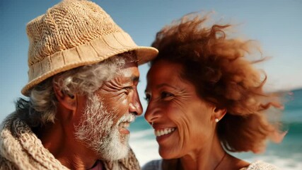 Selfie of romantic african american senior couple enjoying time together at beach - Powered by Adobe