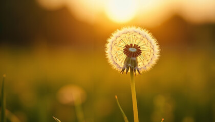 Dandelion close-up on a meadow in the rays of the rising sun. Space for text.