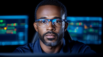 Focused Software Engineer Analyzing Data at Night With Multiple Screens in a Dark Office Environment