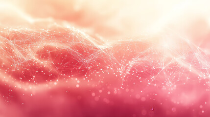 Fototapeta premium Abstract digital landscape of interconnected points and lines. Soft, warm, and ethereal, with a gradient of pink and orange hues