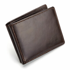 A leather wallet is isolated on a white background, showcasing its sleek, sophisticated design, durable texture, and functional compartments.