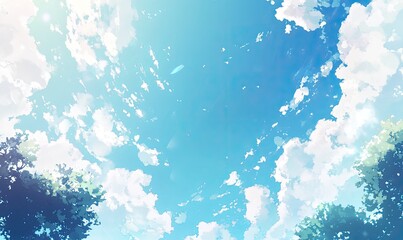 A vibrant sky, dotted with fluffy clouds, and trees framing the scene