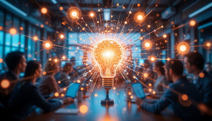 Team Brainstorm: Lightbulb Idea Sparking Connection in Meeting Room.