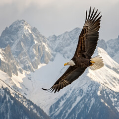 Obraz premium A powerful bald eagle with wings fully spread glides over a rugged mountain range, eyes sharp and focused
