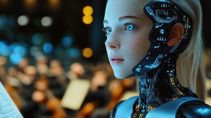 Close-up of a futuristic humanoid robot with glowing blue eyes and detailed mechanical parts on one side of the face and neck, looking thoughtfully to the side in a blurred orchestral background