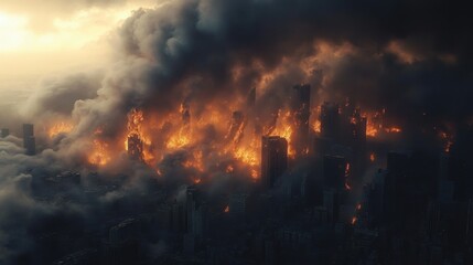 Large urban city engulfed in intense fire and thick smoke under a dark sky, showing widespread destruction and chaos