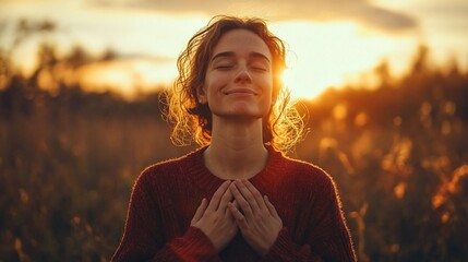 Peaceful woman in nature at sunset