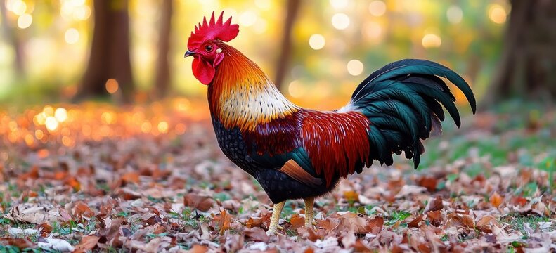 Colorful rooster standing on fallen autumn leaves in a sunlit forest clearing with warm bokeh background - Powered by Adobe
