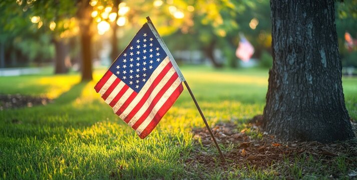Small American flag planted in the grass near a tree with warm sunlight filtering through green trees in the background