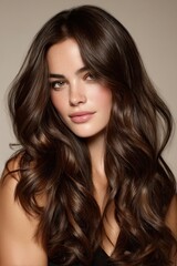 Fototapeta premium The elegant woman features long, flowing hair that beautifully frames her face. She poses against a neutral backdrop, showcasing her confident and serene demeanor, capturing a timeless beauty