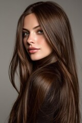 Obraz premium A stylish woman poses gracefully with long, flowing hair that cascades down her shoulders. Her confident expression embodies elegance and charm, set against a neutral backdrop
