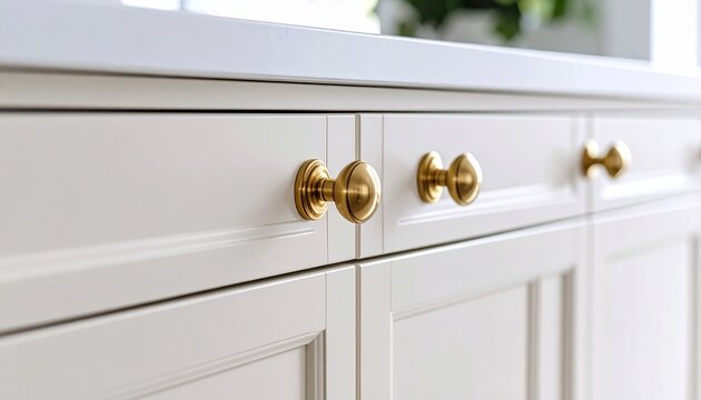 Champagne gold knobs on a smooth ivory cabinet door, styled with shadowy ambience and precision-focused textures