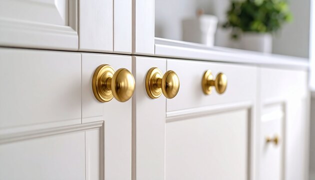 Champagne gold knobs on a smooth ivory cabinet door, styled with shadowy ambience and precision-focused textures