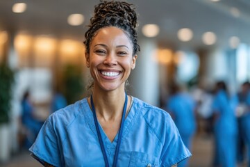 Fototapeta premium Smiling healthcare professional in scrubs at a medical facility during a busy workday